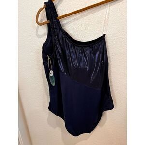 Mynah Women's One-Shou'lder Blue Swimsuit 18W Tummy Panel Medium Coverage